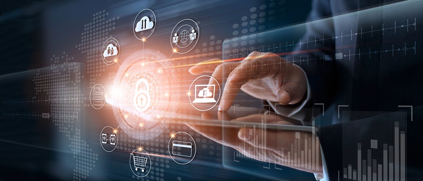 Geschäftsmann berührt virtuelle Symbole für globale Netzwerksicherheit, Informationsschutz und Verschlüsselung – Konzept für Datenschutz und Cybersicherheit