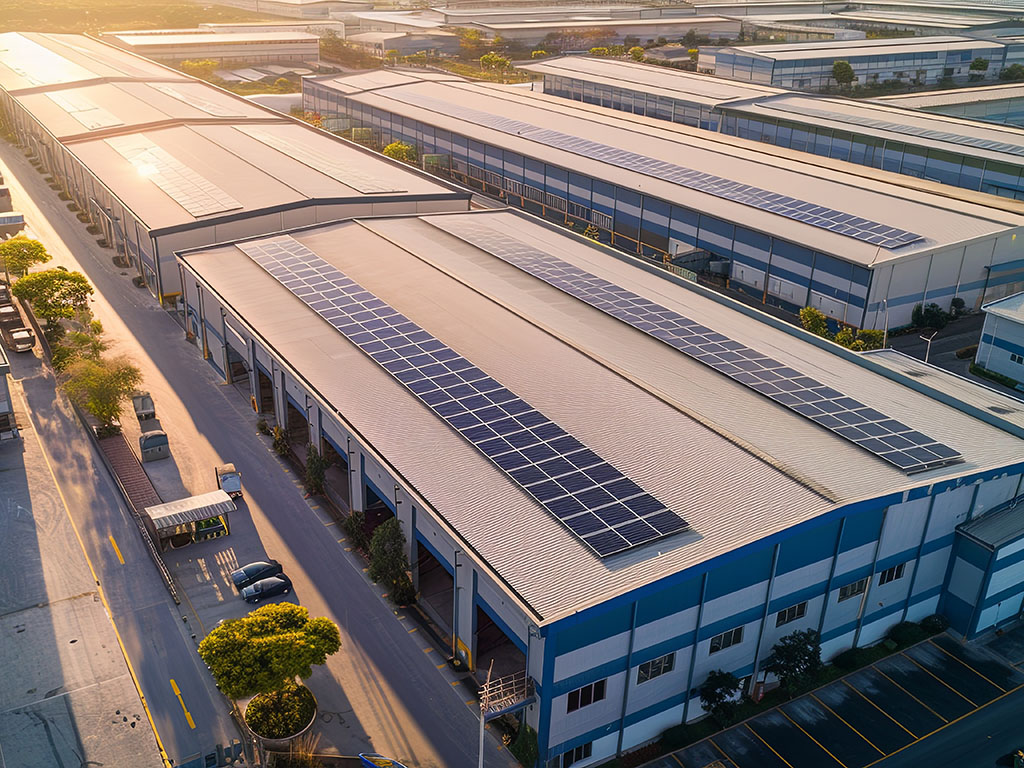 Nutzung von erneuerbaren Energien durch Solarpanelen auf dem Gebäudedach.
