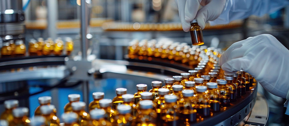 Eine Person kontrolliert Medikamentflaschen auf einem Rollband.