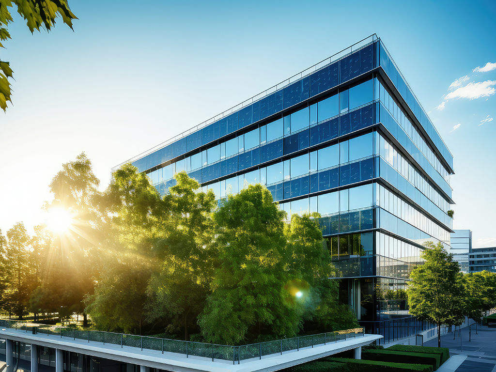 Ein futuristisches Bürogebäude mit beplanztem Grünland daneben. Im Hintergrund scheint die Sonne.