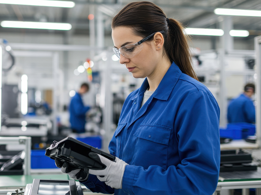 Fachkraft für Qualitätssicherung arbeitet an einem Tablet